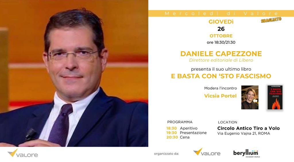 Valoresrl's tweet photo. 📚Ripartono i nostri mercoledì di valore nell'ambito del Valore club!

Questa sera insieme alla giornalista Vicsia Portel e a @Capezzone per la presentazione del suo nuovo libro: " E basta con 'sto fascismo".

#Valore #Valoreclub #politica #eventi #network https://t.co/7Yl2njZTZ9