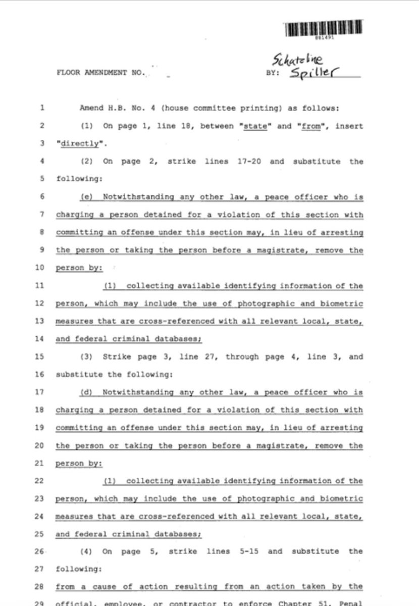 NateSchatzline's tweet photo. 🚨BREAKING NEWS🚨
HB4 PASSES THE HOUSE‼️This bill creates a state felony for crossing into Texas illegally. I was proud to help craft a perfecting amendment (seen below) with @DavidSpillerTX that allows law enforcement to collect biometric data of illegal aliens. This is the first step in solving the Biden border crises, tracking dangerous criminals, and securing the Texas border! #txlege