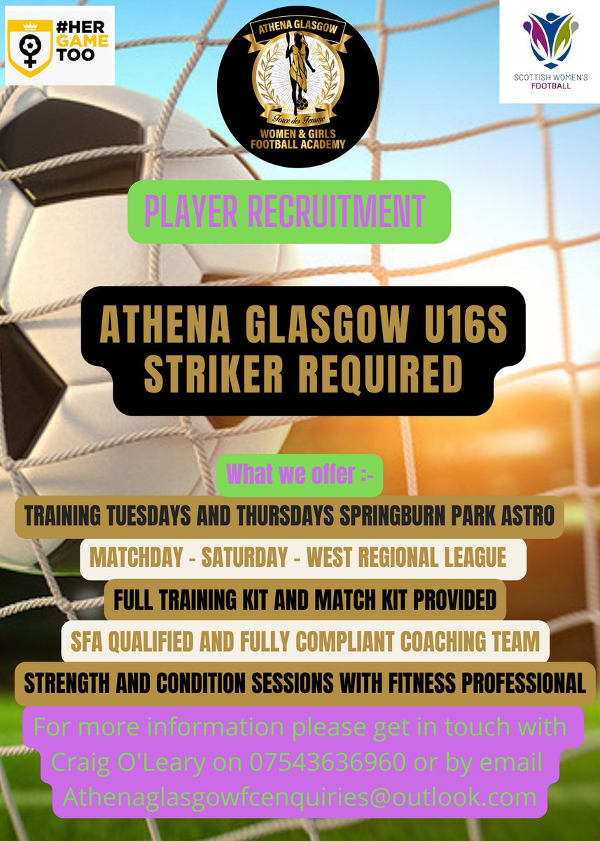 Our U16's are currently recruiting another striker for our squad.

A great young team who will also stay together next year at U16s.

If you are looking for a fresh challenge and are keen to join a hard working, ambitious squad and develop your game, then look no further.

💜💚⚽️