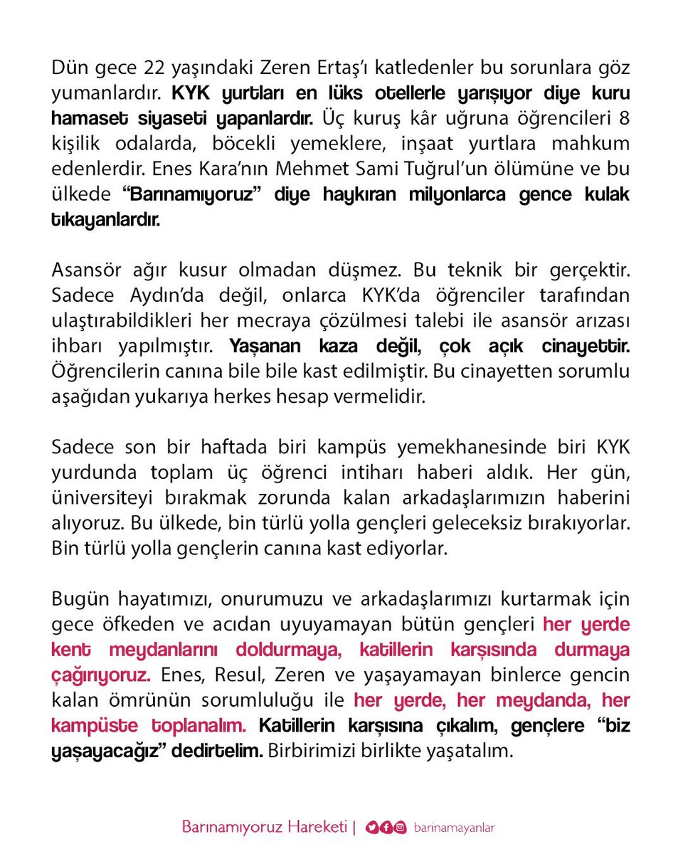 ❗️Dün gece öfkeden ve acıdan uyuyamayan bütün kamuoyuna! 

Bugün hayatımızı, onurumuzu ve arkadaşlarımızı kurtarmak için gece uykusu kaçan bütün gençleri her yerde kent meydanlarını, kampüsleri, yurt önlerini doldurmaya, katillerin karşısında durmaya çağırıyoruz.  #KatilKYK