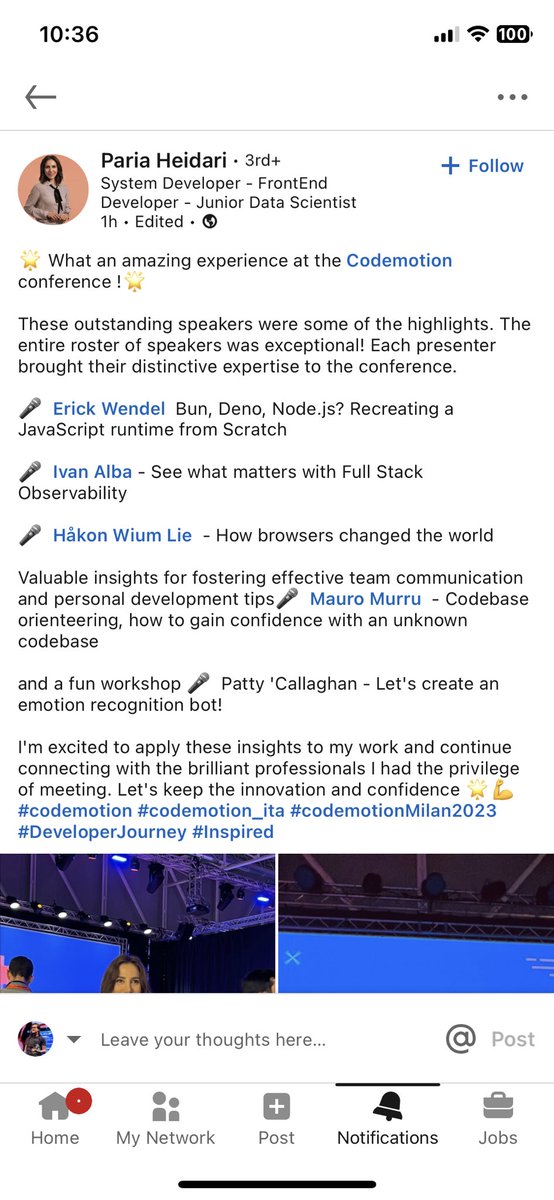 erickwendel_'s tweet image. Being mentioned as one of the highlights of @CodemotionIT Milan has been outstanding! 🤩🤩

I put a lot of effort into rehearsing, planning, and researching my content which took many many hours, and getting this kind of feedback makes it all worth it 💚

#codemotion…