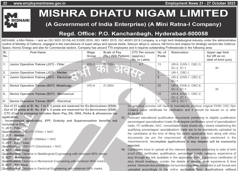 Employ_News's tweet photo. Opportunity Alert! 🌟
Mishra Dhatu Nigam Limited is on the lookout for Junior Operative Trainees and Senior Operative Trainees to join their dynamic team.
Don't miss out on this fantastic chance to kickstart your career.
#JobSearch #MDNL #careeradvice https://t.co/IqxwooqXZc