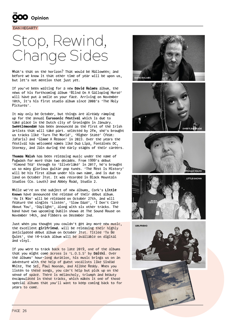 STOP, REWIND, CHANGE SIDES is Dan Hegarty's regular column that tags great new music along with a rediscovered gem. This month features @DavidHolmes____ @sweetlemondae @ThomasWalsh1 @__littleknown__  @girlfriendbandx & @daithimusic 
@talldanhegarty #irishmusic #playirish #thegoo