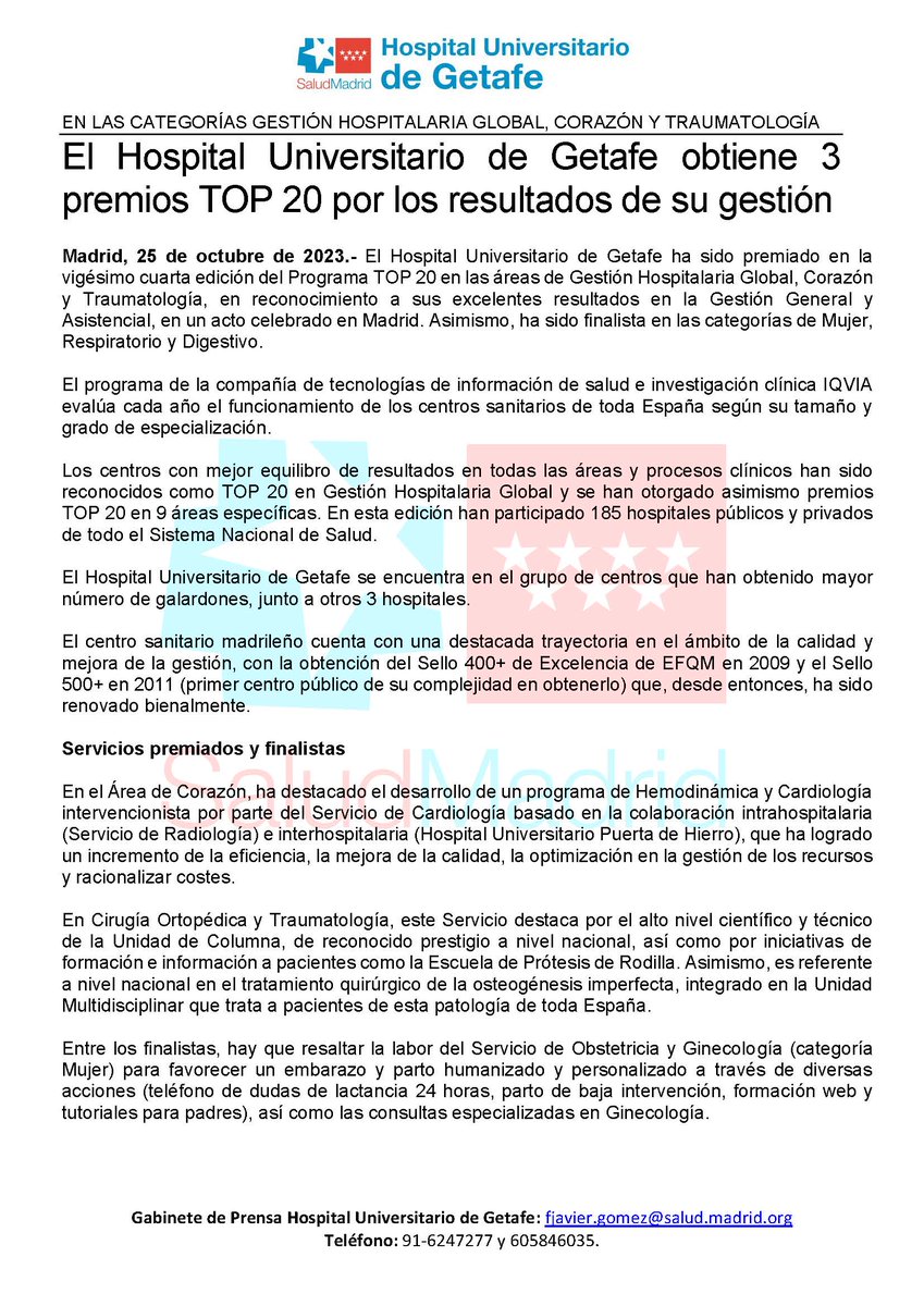 FcoJavierGomez's tweet photo. El #HospitaldeGetafe obtiene 3 premios TOP 20 de @IQVIA_global: Gestión Hospitalaria Global, Corazón y Traumatología, y finalista en otros 3: Mujer, Respiratorio y Digestivo. #OrgullodelSur #Calidad #Mejoracontinua https://t.co/xqlXuEaWvf