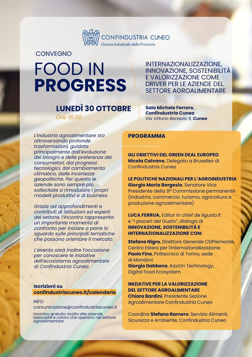 aizoOn Technology Consulting (@aizoongroup) on Twitter photo đź“… FOOD IN PROGRESS:
Appuntamento il 30/10 con <a href="/Confindustria/">Confindustria</a> Cuneo, per il convegno sulle trasformazioni e sfide Agrifood.
Vi aspettiamo per il panel INNOVAZIONE, SOSTENIBILITĂ€ E INTERNAZIONALIZZAZIONE.
Info su: bit.ly/FIP_Cuneo đź“… FOOD IN PROGRESS:
Appuntamento il 30/10 con <a href="/Confindustria/">Confindustria</a> Cuneo, per il convegno sulle trasformazioni e sfide Agrifood.
Vi aspettiamo per il panel INNOVAZIONE, SOSTENIBILITĂ€ E INTERNAZIONALIZZAZIONE.
Info su: bit.ly/FIP_Cuneo