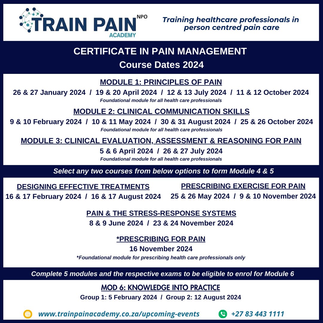 TrainPainSA's tweet photo. Start planning 2024! Registrations open soon ����
https://t.co/wcK8API69G
#trainpainacademy #cpdcourses #painmanagement #healthcareprofessionals https://t.co/FkiT8x4BpY