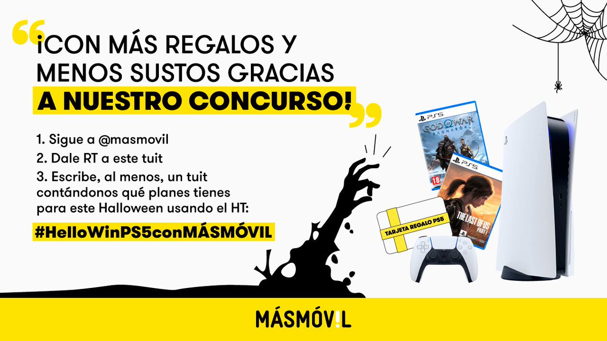 masmovil's tweet photo. 🙌 #CONCURSO 🙌

¡A pasarse el juego!

Sigue los pasos de la imagen para poder conseguir esta PS5 + el videojuego The Last Of Us+ el videojuego God Of War + una tarjeta regalo PS.

📅 Tenéis hasta el martes 31 de octubre a las 17:00 para participar.

#HelloWinPS5conMÁSMÓVIL https://t.co/UgUx8FtONc