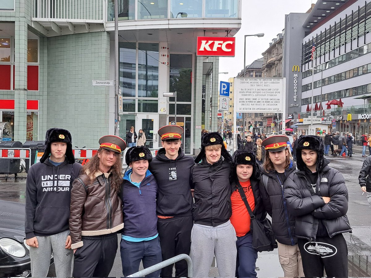 ColaisteEanna's tweet photo. Day 2 on the Senior Cycle history and art trip has got off to a great start with great music (and dancing from Mr Stirling!) and a visit to Checkpoint Charlie. We move on to Krakow later today. #berlin #history #art https://t.co/oPTD6dAg6U