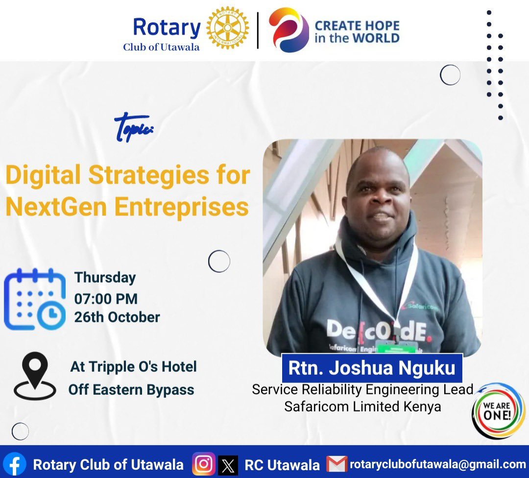 RCUtawala's tweet photo. In today’s fellowship,we have our very own Rotarian Joshua Nguku speaking to us on how we can increase visibility in our businesses
 
📍Tripple O’s Hotel
⏰ 7:00PM

See you there! https://t.co/DyWOOpzKqK
