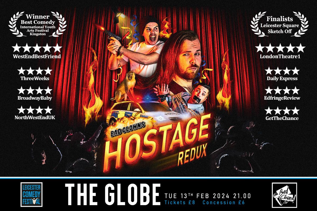 Leicester get ready. 💥

Bad Clowns: HOSTAGE is coming to <a href="/LeicsComedyFest/">Leicester Comedy Festival</a> on the 13th February at 21:00, at The Globe.

We're the Best-er in Leicester (nothing rhymes with Leicester).

Are you ready to be taken hostage?

comedy-festival.co.uk/events/bad-clo…

Poster by <a href="/DartJohanna/">Jo</a>

#Comedy
