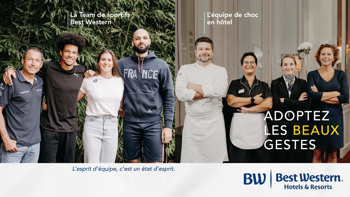 Best Western Hotels &amp; Resorts réunit des sportifs de divers horizons pour former la "Team Best Western". 👊 
Découvrez notre campagne "Les Beaux Gestes" : chaque mois, nous partagerons un geste illustrant le parallèle entre ceux des #sportifs et ceux du personnel de nos #hotels.