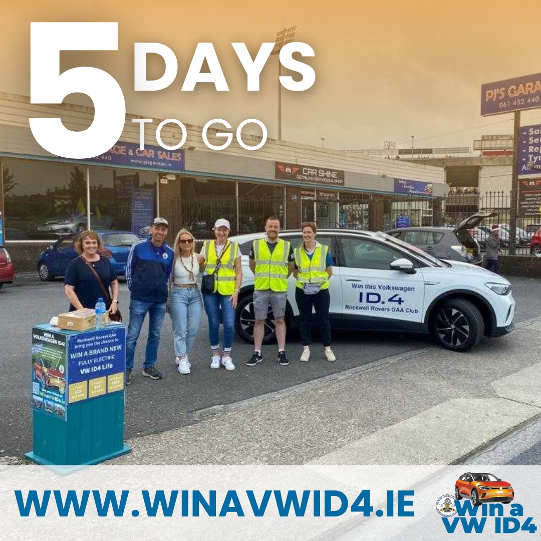 Not long to go now! There are just 𝟱 𝗱𝗮𝘆𝘀 𝗹𝗲𝗳𝘁 to enter our @RockwellRovers #WinAVWID4 fundraiser 🤩

For just €25 you'll be in with a chance to win a brand new VW ID4 - Ireland's best selling EV ⚡️ Fancy your chances? Get your ticket here 🎫➡ winavwid4.ie