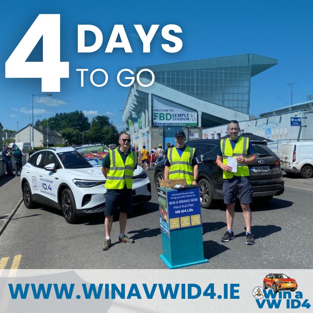 Get ready, there are only 𝟰 𝗱𝗮𝘆𝘀 left to enter our draw 🚗

Will you be the lucky winner of a brand new VW ID4? 🤞🏻
To be in with a chance of winning, simply buy a ticket for our @RockwellRovers #WinAVWID4 fundraiser by Tues, 31st Oct 🎫➡ winavwid4.ie