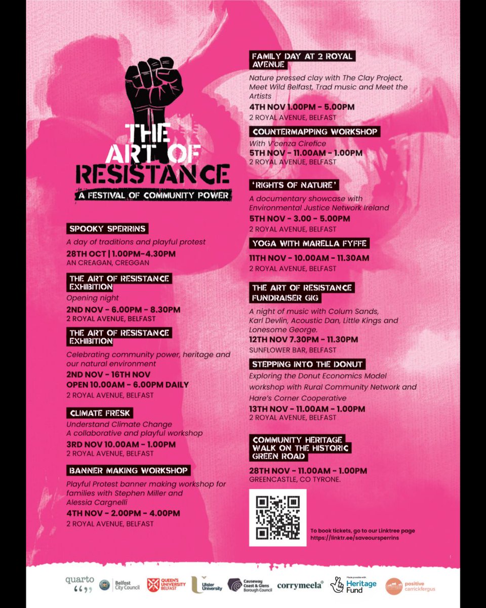 CAIM_network's tweet image. Full programme for The Art of Resistance festival of community power!
Workshops, talks, film, walks, exhibition and gig!
All tickets can be found: linktr.ee/saveoursperrin…
@yca_ni @xr__ni @PPR_Org @TrademarkBF @0thegathering0 @sli_eile_ @turningearthpod