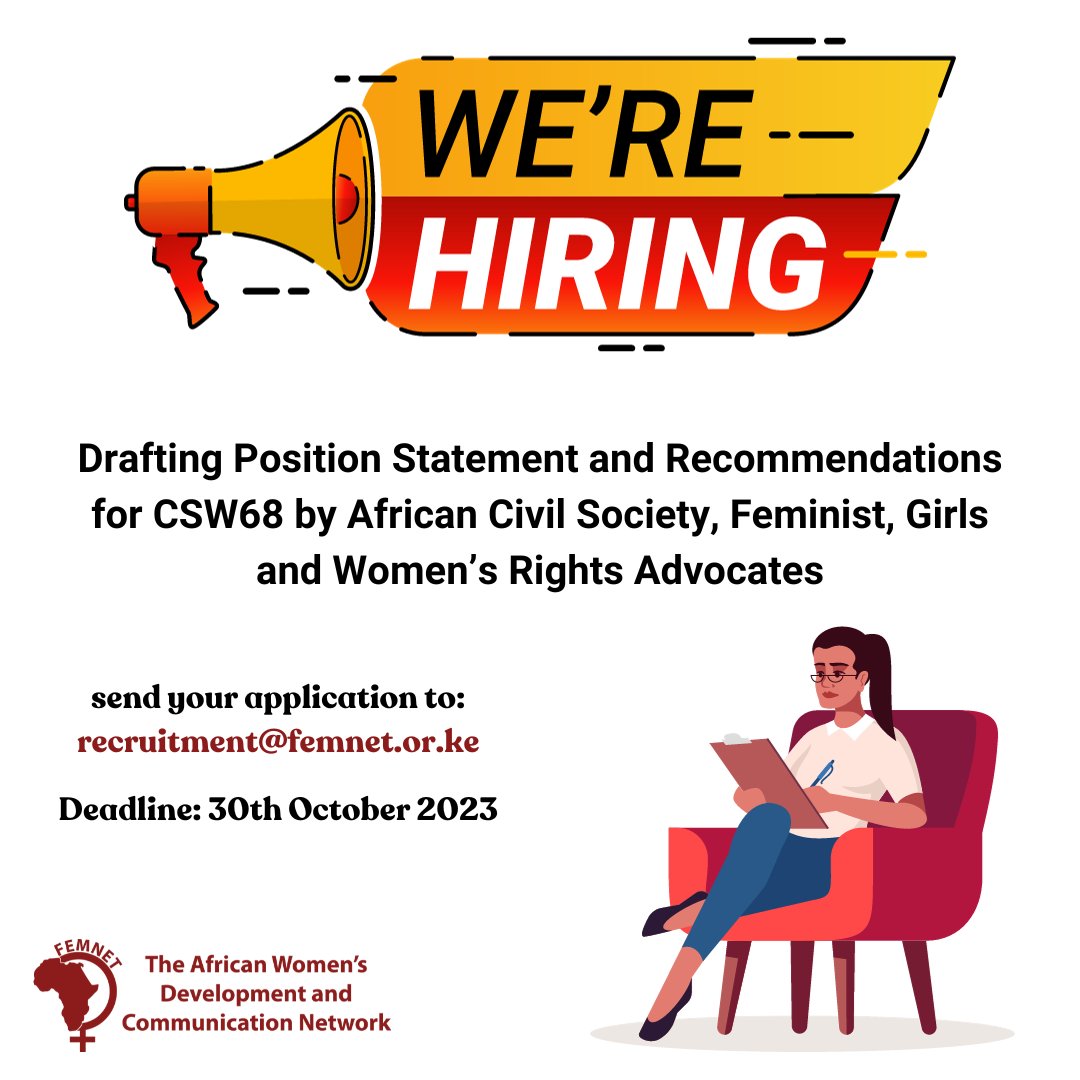 FEMNET is looking to hire a consultant who will draft a position statement and recommendations for CSW68 by African Civil Society, Feminists, Girls and Women's Rights Advocates.

Click the link to apply >>>> bit.ly/3tEJ0qv