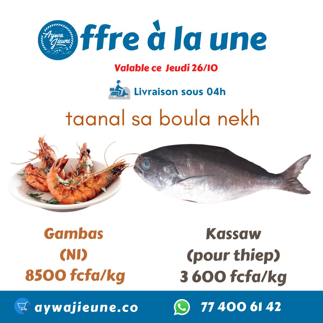 🍤🔥 DÉLICES CULINAIRES À PETIT PRIX ! Le #Kassaw, idéal pour riz aux poissons à 3500 FCFA/KG &amp; nos superbes #Gambas N1 à 8500 FCFA pour vos grillades et plats festifs. N'attendez plus pour vous régaler ! #PoissonsFrais #CuisineSénégalaise #Gastronomie #SaveursExotiques #Sénégal