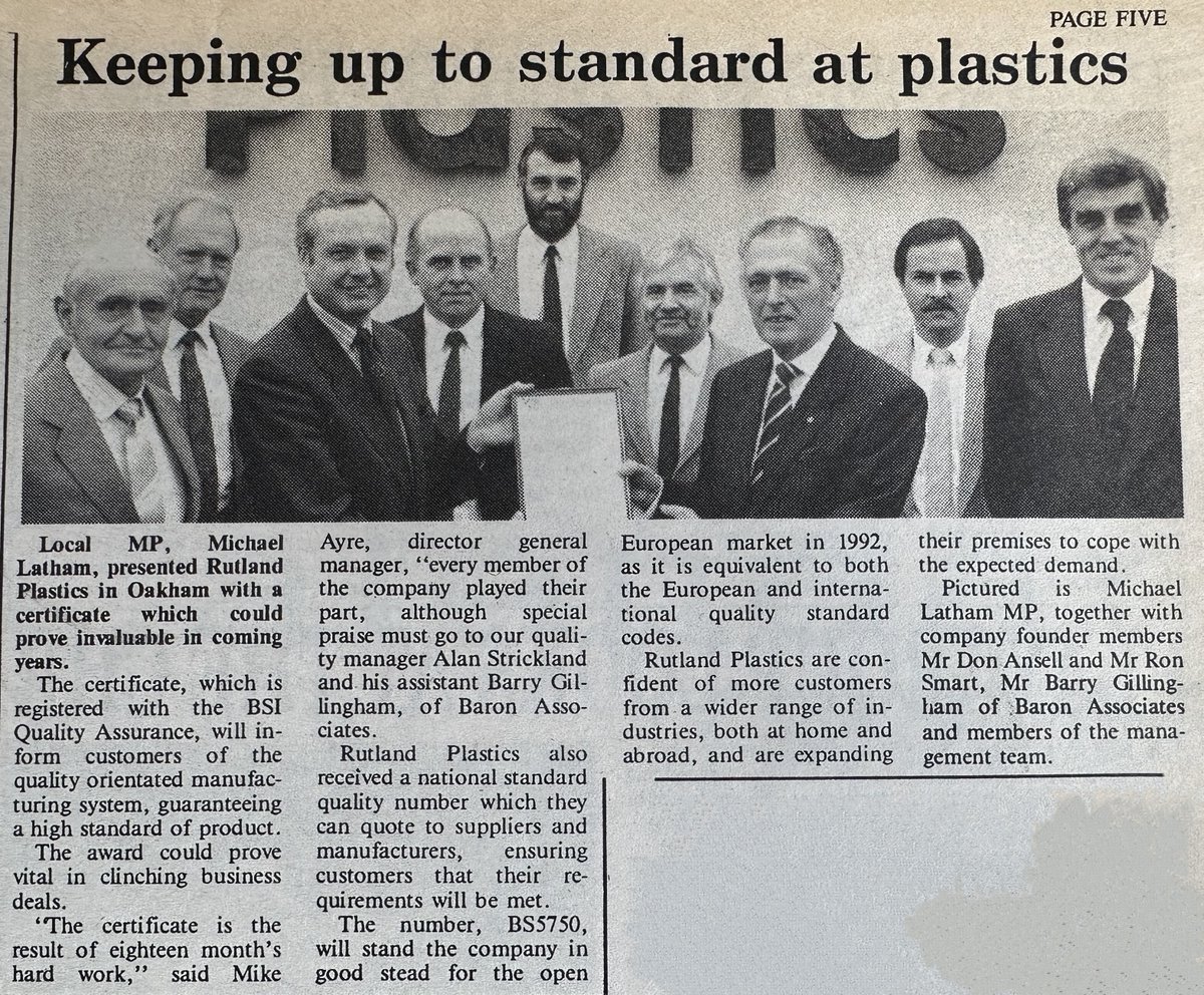 This newspaper article is from December 1989 reporting that Rutland Plastics was awarded BSI 5750 (which was replaced by ISO9001 in the mid-1990s). We currently have ISO9001:2015, that's 24 years of continuous quality management at Rutland Plastics. #manufacturing  #TBThursday