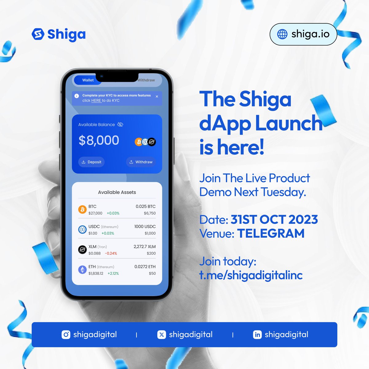 Our beta testing phase is almost here🥁,

And we're inviting you to join our live product demo next Tuesday 

For a full scoop on how our DApp works💯.

Join our Telegram community today: t.me/shigadigitalinc

🕒  31st-Oct

#shigadigital #testnet #productdemo