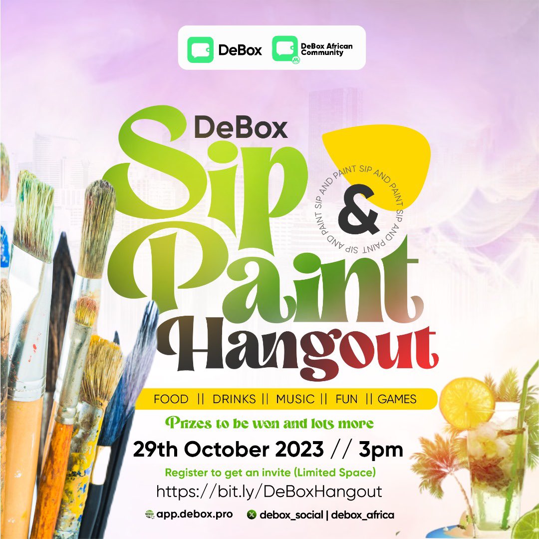 Debox_Africa's tweet photo. We will be having a community hangout over some Sip and Paint. 🥳🥳🥳🥳

DeBox African Community will be coming together to have some fun this weekend. 🚀🚀🚀🚀

JOIN us and we look forward to meeting everybody.🤩

PS: Love both designs so decided to post both of them lol ☺️😋

Please Like | Repost | Comment 🙌🏾🙌🏾