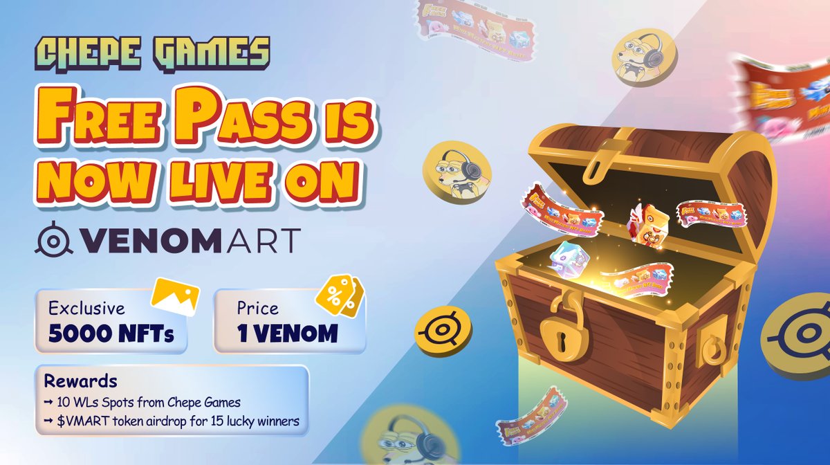 Chepe Free Pass is now live on @venomart23!

🎁Don't miss the chance to own a Free Pass - a ticket that helps you get a Mystery NFT Boxes!

Claim now 👉 venomart.io/launchpad/laun…

‼️Special Rewards: 
✔️ 10 WLs spots from Chepe Games 
✔️ $VMART  token airdrop for 15 lucky winners