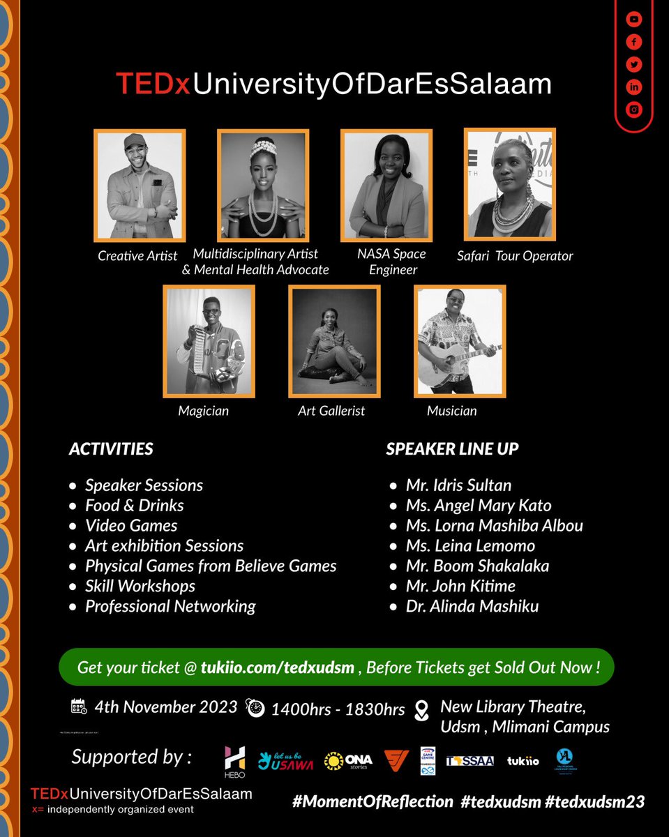 alumnichapterTZ's tweet photo. Hi There 👋🏽,

We are excited to invite you to **TEDxUDSM 2023** , where great minds come to listen, speak, share and engage in important and powerful topics. Also a chance to engage with the speakers, and a diverse audience.
#tedxudsm23 #MomentOfReflection https://t.co/Co64pEaohq
