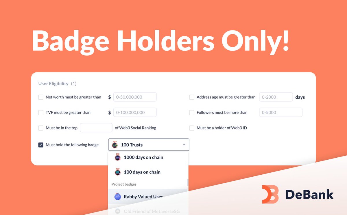 Just in case you missed it, when setting up a Lucky Draw or a Poll on DeBank Stream, you can now specify that only users with certain Web3 badges or project badges can participate! The same functionality can be applied when setting comment permissions for a post or in Live Chat.