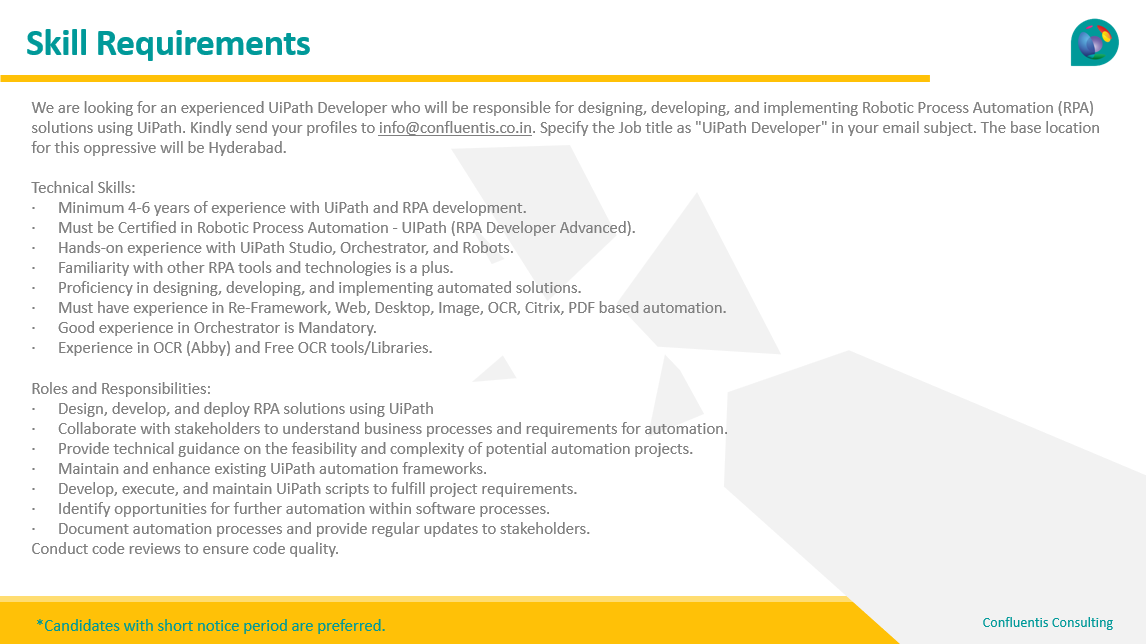 Looking for an experienced UiPath Developer who will be responsible for designing, developing, and implementing Robotic Process Automation (RPA) solutions using UiPath. 
#rpa #ocr #uipath #jobs #hybrid #hyderabadjobs