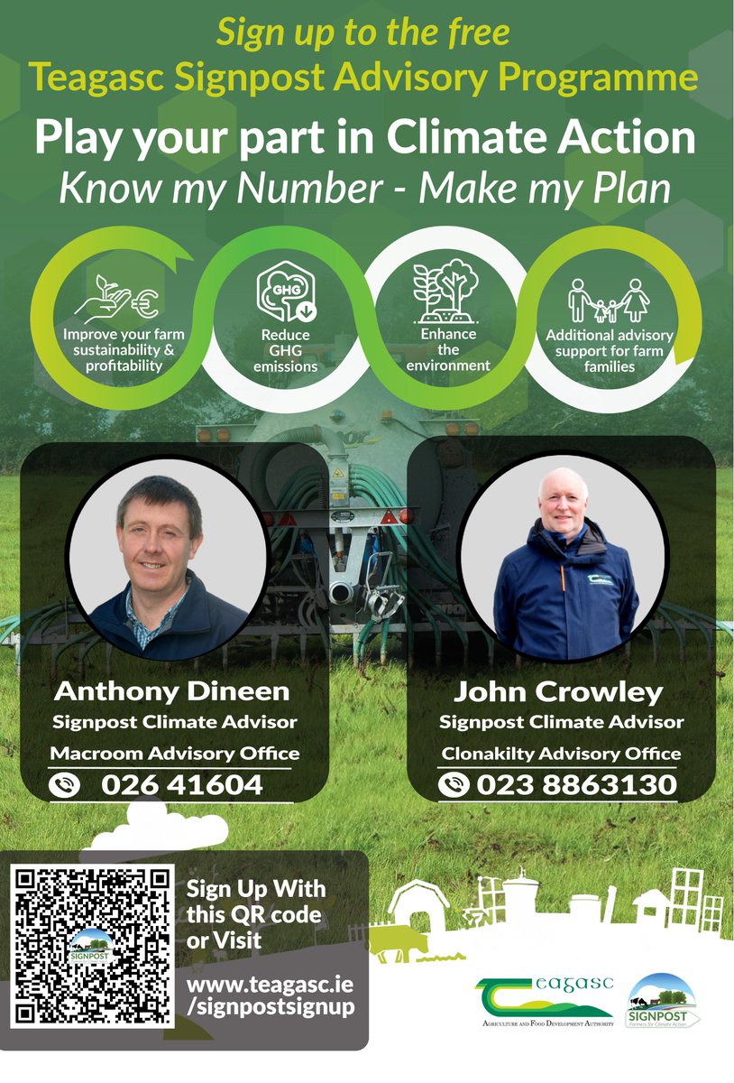 Teagasc Cork West's Signpost Climate Advisors, Anthony Dineen and John Crowley, are providing training & expert guidance to help farmers reduce emissions on their farms. To sign up visit bit.ly/46GBLh4 #SustainabilityMonth