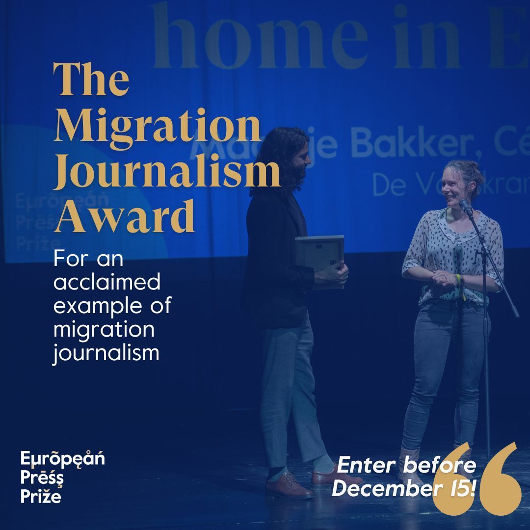 Our 2024 edition welcomes entries in five categories. One is the Migration Journalism Award, which is given for an acclaimed example of migration journalism. Enter before December 15: buff.ly/3gw2MP0 📷 2023 Winners @dezfuli and Maartje Bakker #europeanpressprize