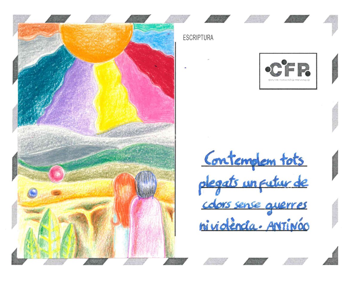 Osonament's tweet photo. La postal guanyadora del concurs #Volart de @CFPMaresme imagina un món de colors sense guerres.
+https://t.co/FWOT2Vb6Hx https://t.co/4O7vn1NMJJ