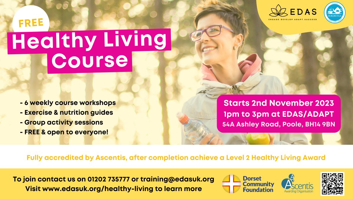 edasukorg's tweet photo. Our FREE 6-week Healthy Living Course is back! A great opportunity to kickstart a healthier and happier lifestyle 📅 Starts Thursday 2nd November. Contact us on 01202 735777 or training@edasuk.org to join for FREE! Learn more at https://t.co/Ho03IM0z80 #support #bcp https://t.co/s1q0hOBUi4