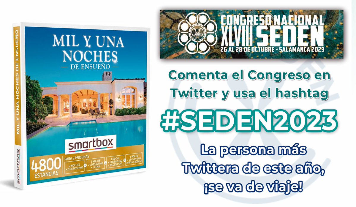 #SEDEN2023 | 👩‍⚕️👨‍⚕️

📢En breves arranca el Congreso y queremos que nos comentes todo a través de Twitter usando el hashtag #SEDEN2023 

✈️Si eres la persona más Twittera de este año, ¡te llevamos de viaje a disfrutar de "Mil y una noches de ensueño"!