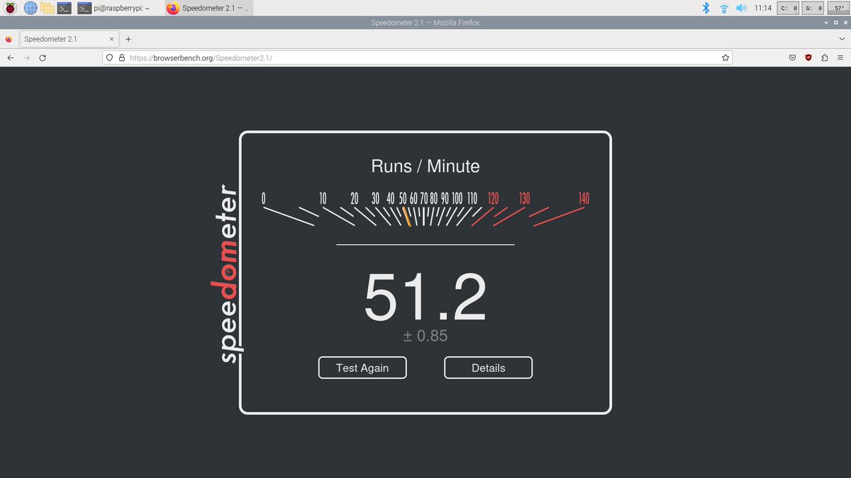 FlowBrowser's tweet image. Flow running Speedometer on the Raspberry Pi 5's not too shabby, either.