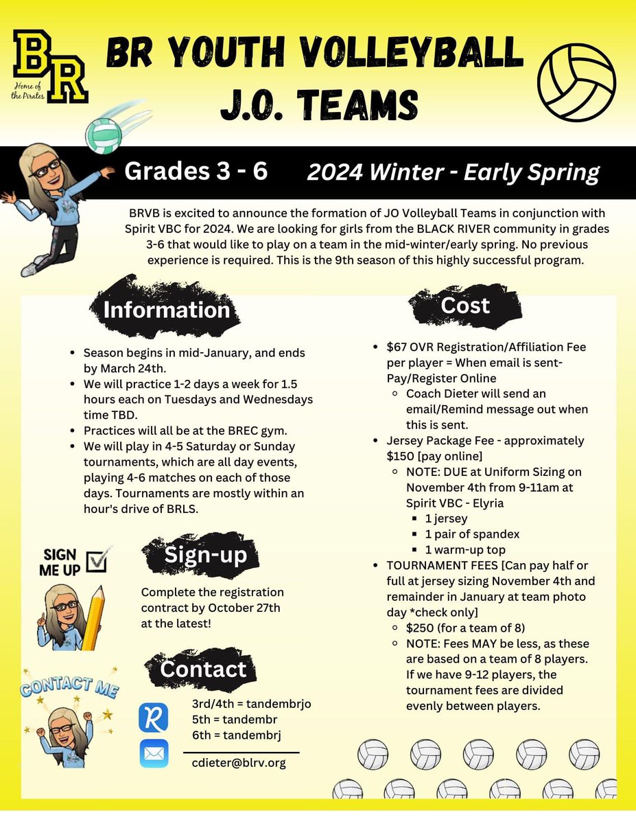BRVB is excited to announce the formation of JO Volleyball Teams in conjunction with Spirit VBC for 2024, for girls grades 3-6. Interested? Fill out our registration contract by October 27th: brnw.ch/21wDR3j