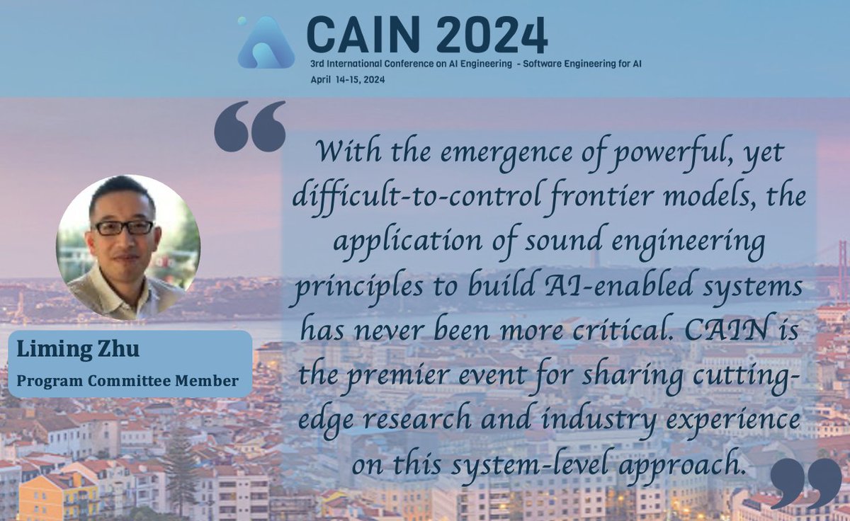 <a href="/limingz/">Liming Zhu</a> highlights the necessity for a system-level perspective on machine learning models. 

We are looking forward to your contributions on this at #CAIN2024. For details - conf.researchr.org/home/cain-2024.
