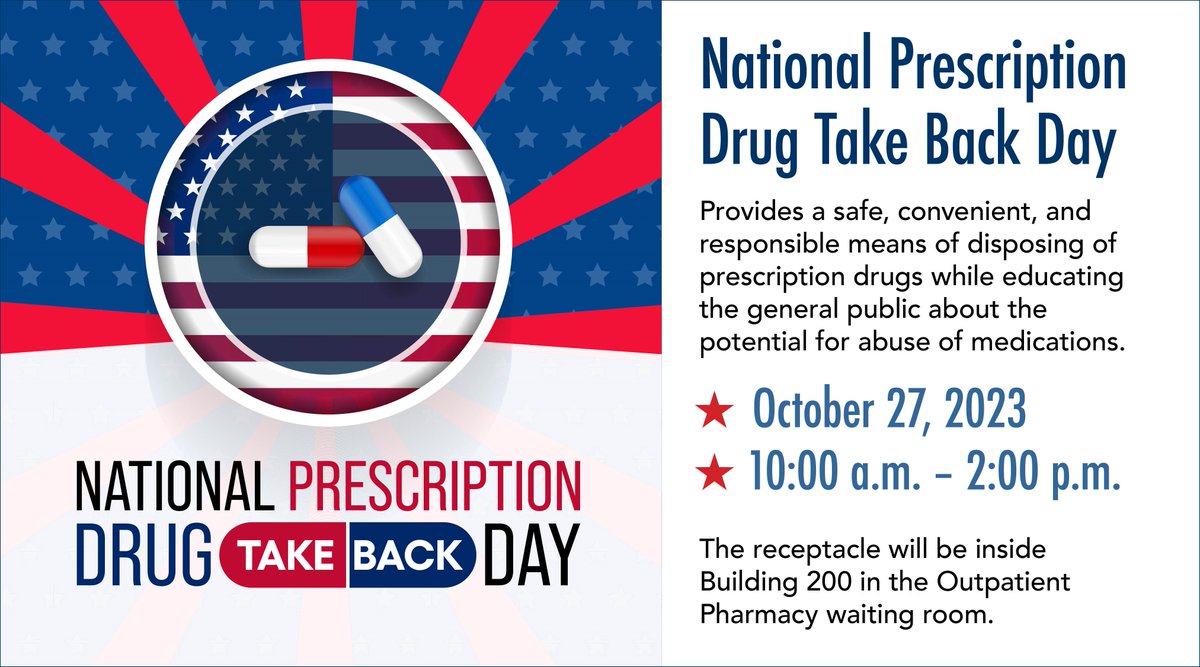 National Prescription Drug Take Back Day (October 27) provides a safe, convenient, and responsible means of disposing of prescription drugs. Drop off at San Francisco VA Medical Center’s Building 200 Outpatient Pharmacy waiting room (open 10/27 from 10:00 a.m. to 2:00 p.m.).