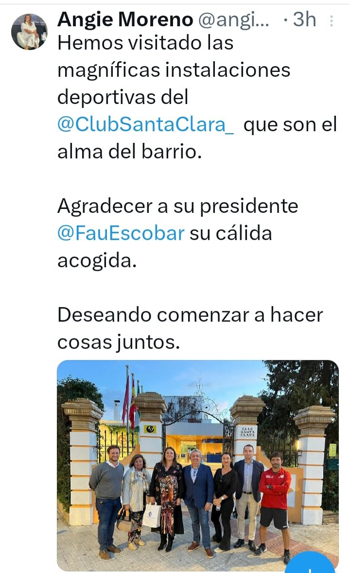 pgl76's tweet photo. Genial !
Más de 4 meses después, la dirección de #TuDistrito San Pablo-Santa Justa hará cosas conjuntas con un club PRIVADO.
Esperemos que @angiemorenoram muestre el mismo interés para dar solución a los problemas urgentes que se les acumula en el Distrito.
#SevillaSinAlcalde https://t.co/rRfWbEygXv