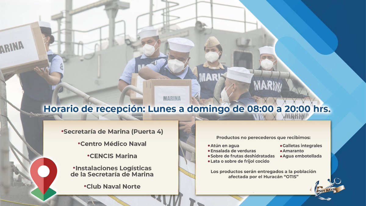 SEMAR_mx's tweet photo. Recuerda que:

 ¡Unidos hacemos la diferencia!

Te esperamos en nuestros centros de acopio para apoyar a la población afectada por el huracán #Otis.

#LaMarinaCercaDeTi https://t.co/uR7dqFy2jQ
