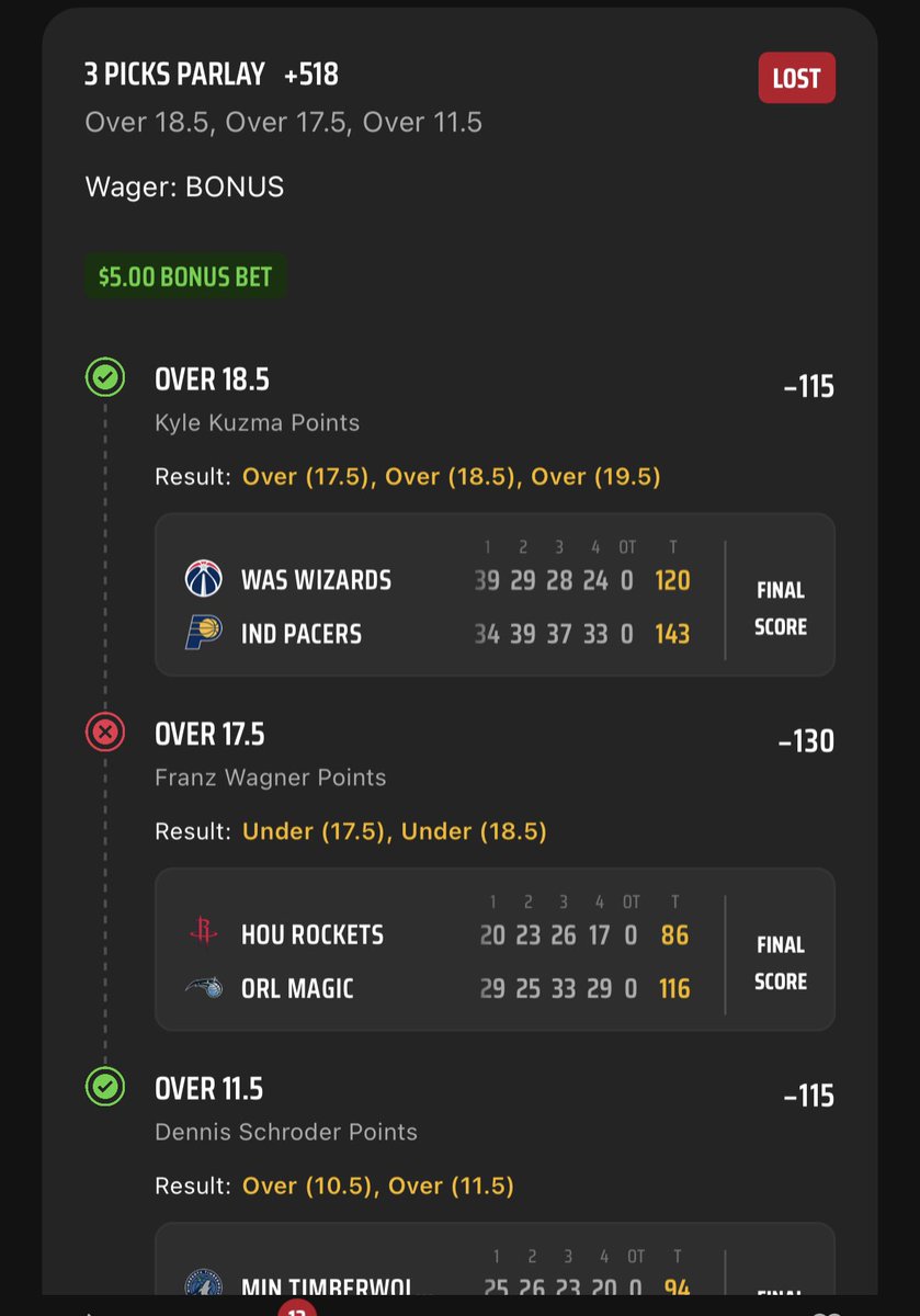 NHLPropKing's tweet image. ScamKings Sportsbook is at it again🤦‍♂️

This time it’s Franz Wagner. Wagner had made two free throws last night that were initially credited to his brother but later changed. DraftKings cashed his o17.5 prop and paid it out. This morning, DK went back and CHANGED bets on his o17.5…