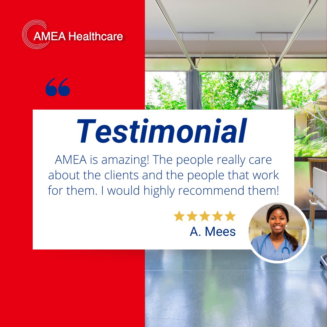 Thank you for your glowing recommendation! We take pride in truly caring for both our clients and dedicated #healthcare professionals.

Become part of the #AMEAHealthcare family – Apply now!

nsl.ink/bOVe

#AMEA#HealthcareJobs #RNJobs #LPNJobs #STNAJobs #HHAJobs #Jobs