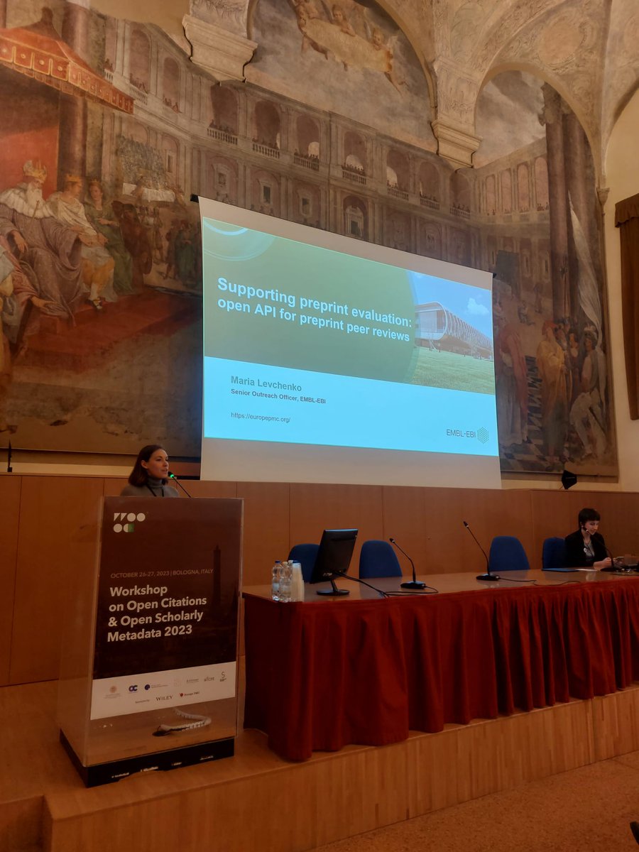 workshop_oc's tweet photo. "Europe PMC supports evaluation of preprints by linking available #PeerReviews in one resource with open #APIs": Maria Levchenko from @embl takes the floor @EuropePMC_news #WOOC2023 #OAWeek2023 https://t.co/JEBup3V95C
