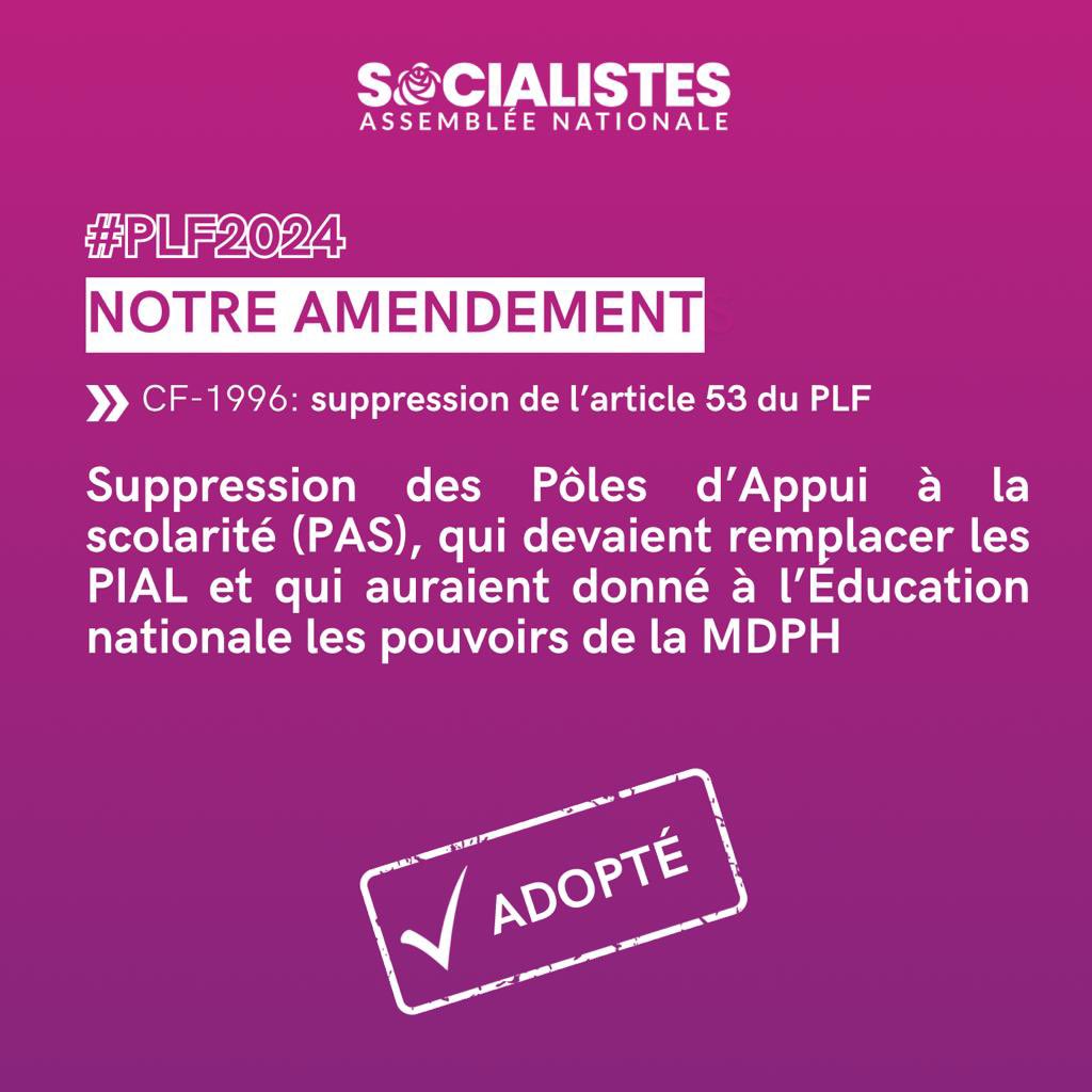 KelouaF's tweet photo. Nouvelle victoire au #PLF2024 : la suppression de l’art 53 qui crée les PAS, et donne à l’Educ. nat. des prérogatives des MDPH ✅

Par ex, le pouvoir de décider du nombre d’heures d’accompagnement par une #AESH pour les élèves en situation de handicap.

Pour nous c’est non !❌ https://t.co/ZAgllLNqIM