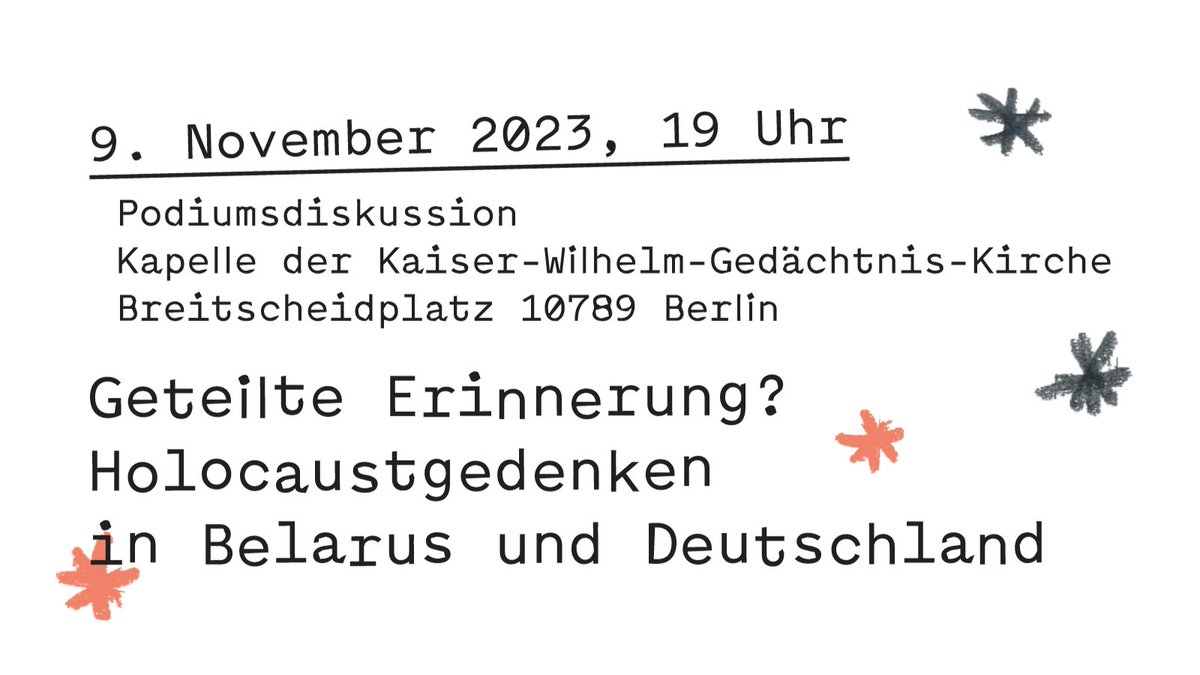 #event #belarus

Am 9.11. um 19h diskutieren wir in der <a href="/KWGBerlin/">Gedaechtniskirche</a> über "Geteilte Erinnerung? Holocaustgedenken in Belarus und Deutschland"

Mit dabei: <a href="/Alexand39502552/">Alexander Friedman</a>, <a href="/AHilbrenner/">Anke Hilbrenner</a>, Iryna Kashtalian und Adam Kerpel-Fronius

Infos und Anmeldung unter dgo-online.org/kalender/berli…