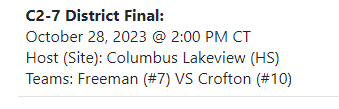 C2-7 District Final Volleyball Update: #7 Freeman will face #10 Crofton @ Columbus Lakeview @ 2:00 PM on Saturday, October 28. Go Falcons! #freemanfalcons