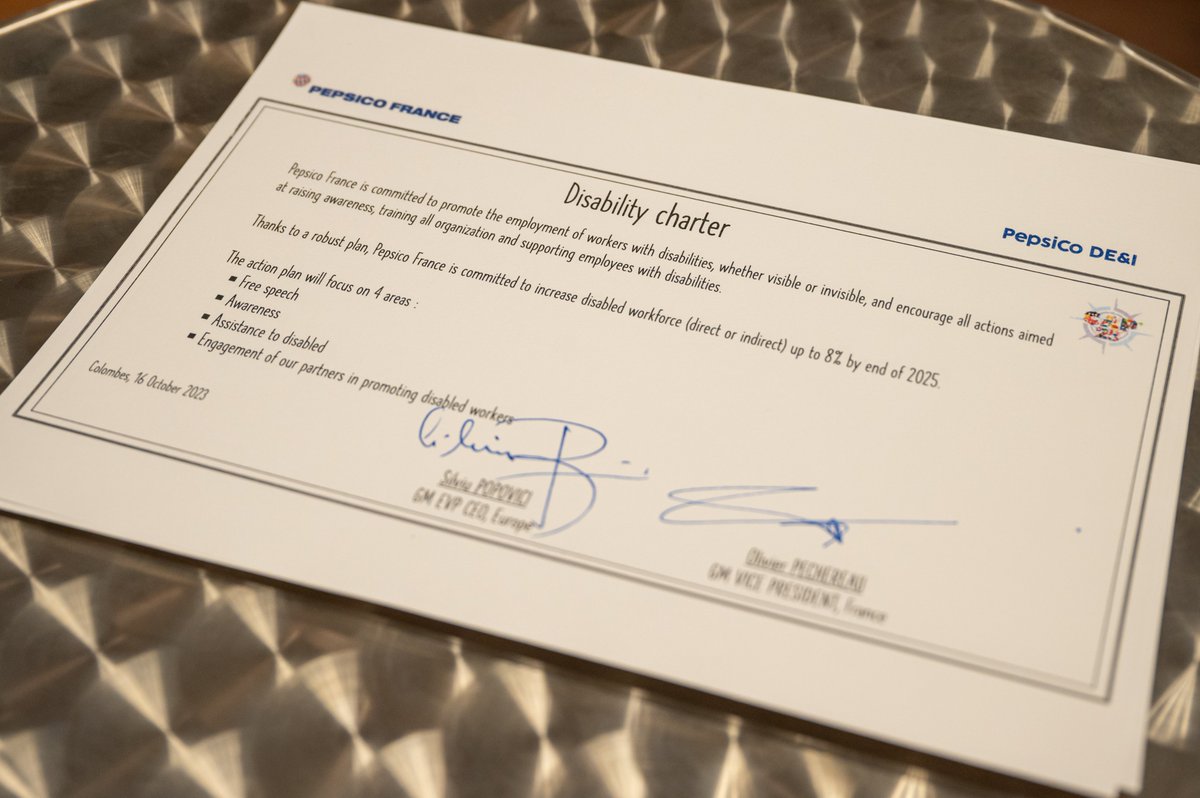 S'engager pour que chacun puisse trouver sa place et s'épanouir professionnellement. 🤝

Silviu Popovici, CEO PepsiCO Europe &amp; Olivier Péchereau, notre CEO France ont signé une charte pour l'intégration de nos collaborateurs en situation de handicap.

#PepsiCoProud #inclusion