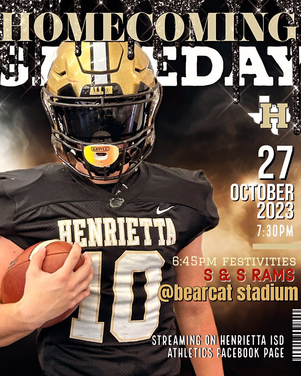 ✨✨ HOMECOMING GAMEDAY ✨✨

FOOTBALL WEEK 10, LET’s Gooooooo!!!

📍BEARCAT STADIUM 
⛓️S&amp;S CONSOLIDATED RAMS
🕣 6:45 PM - HOMECOMING PRESENTATION 
🕤 7:30 PM - KICK OFF

#GoldStandard