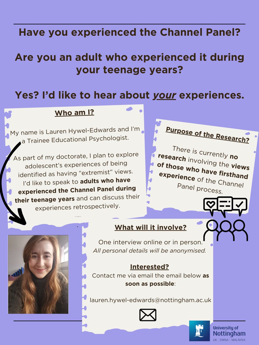 I’ve been asked by Lauren to share her recruitment poster.. 

👀 Looking for adults who experienced the #Channel Panel as a teenager after being referred to #Prevent  ⬇️

Please repost for wider distribution 👍

#radicalisation #ActEarly