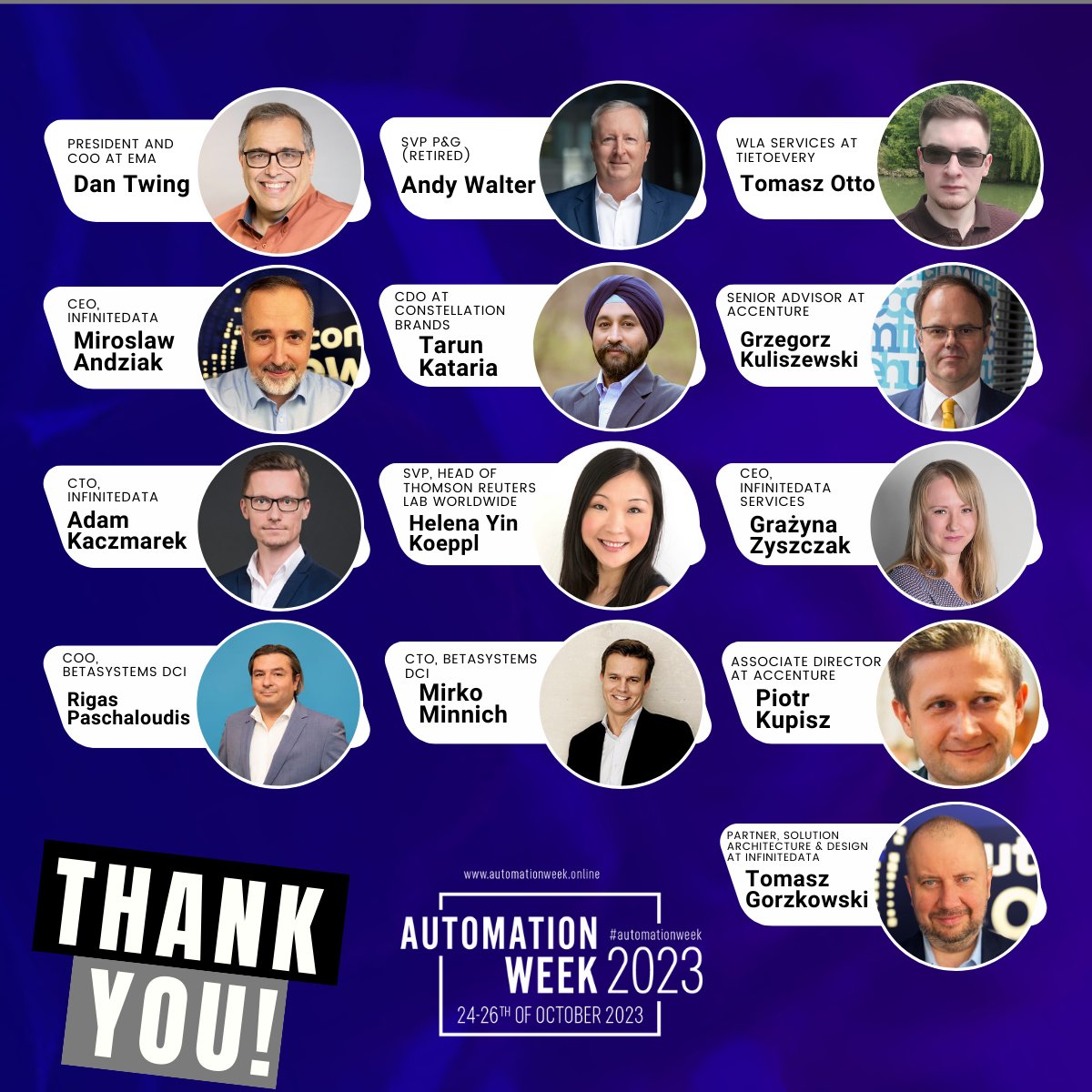 InfiniteDATA_'s tweet photo. After three action-packed days #AutomationWEEK is over! 

🎙️ Now it's time to express our gratitude to our phenomenal speakers who made this event truly extraordinary!

A special thank you goes out to all the attendees who joined us in this knowledge-sharing journey 👩‍💻👨‍💻 https://t.co/T8kZWTSqHi