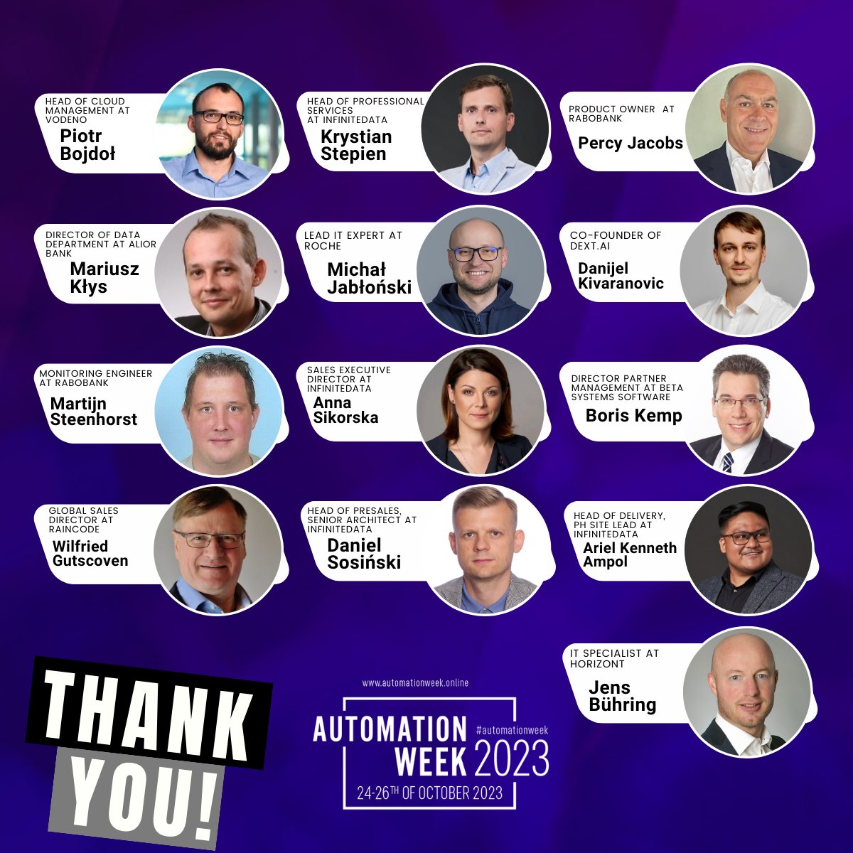 InfiniteDATA_'s tweet photo. After three action-packed days #AutomationWEEK is over! 

🎙️ Now it's time to express our gratitude to our phenomenal speakers who made this event truly extraordinary!

A special thank you goes out to all the attendees who joined us in this knowledge-sharing journey 👩‍💻👨‍💻 https://t.co/T8kZWTSqHi