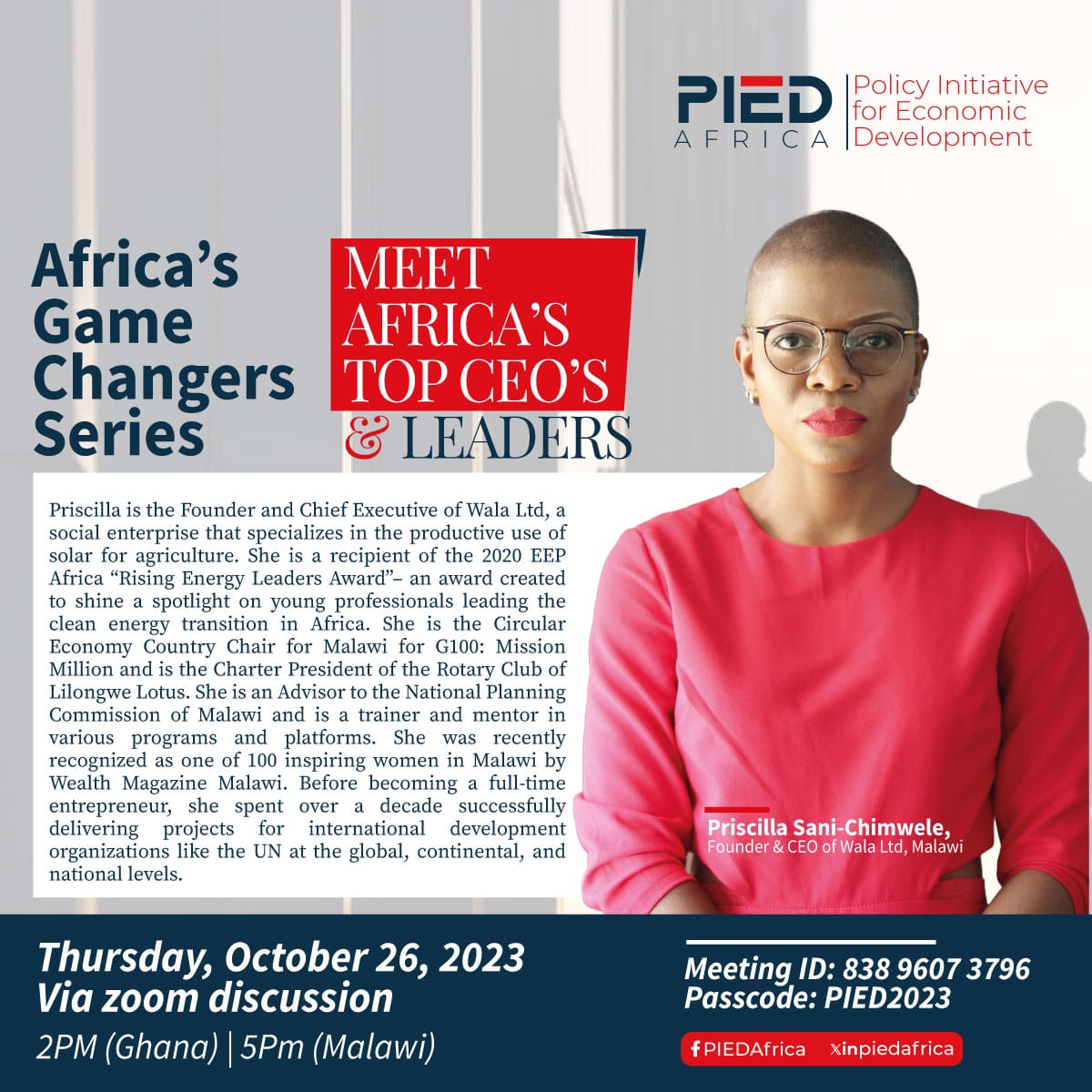 "If you have an Idea, give it a try, start it! Even it fails there are lots of lessons to learn". Priscilla Sani-Chimwele, Founder &amp; CEO of Wala Ltd, Malawi #AfricaGameChangers #PIEDAfrica #TheAfricaWeWant #AfricanUnion #AfCFTA #Agenda2063